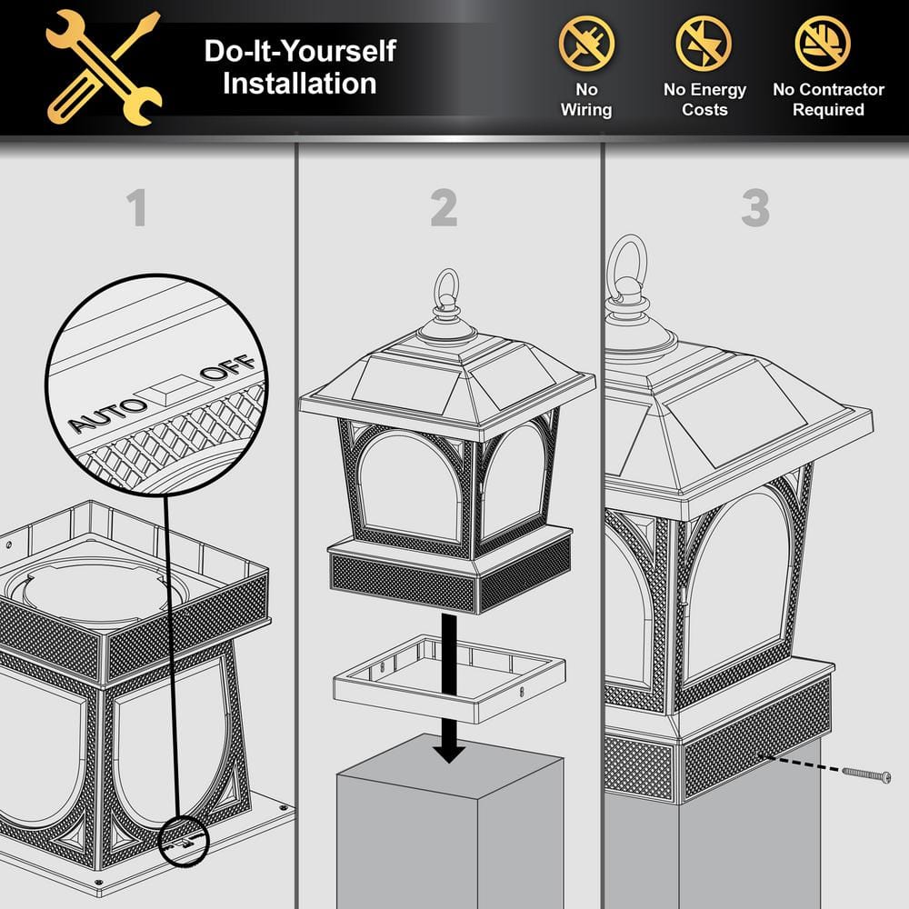 Black Aluminum LED Solar Post Cap Lantern