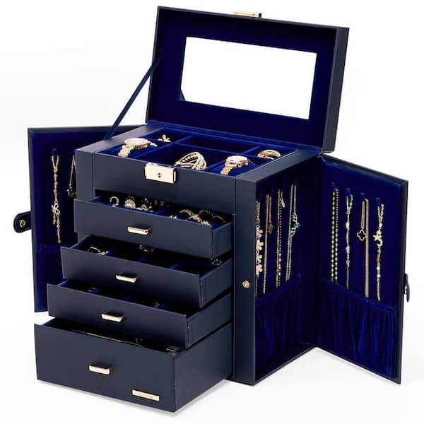 Faux Leather Jewelry Box Mirrored, Dark Blue YA052 - The Home Depot