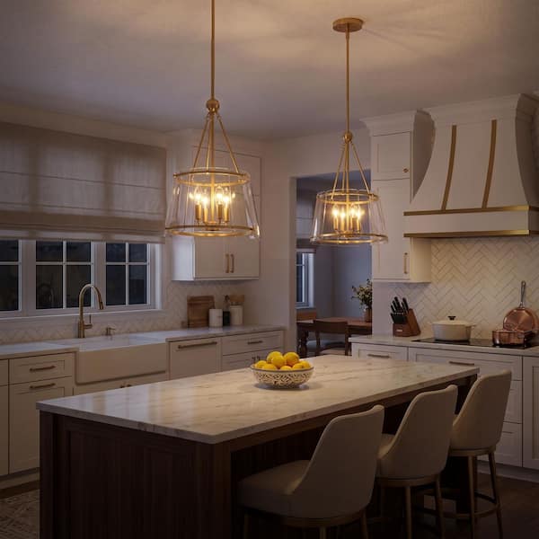 4 Light Brushed Gold Shaded Pendant Light with Clear Glass Shade