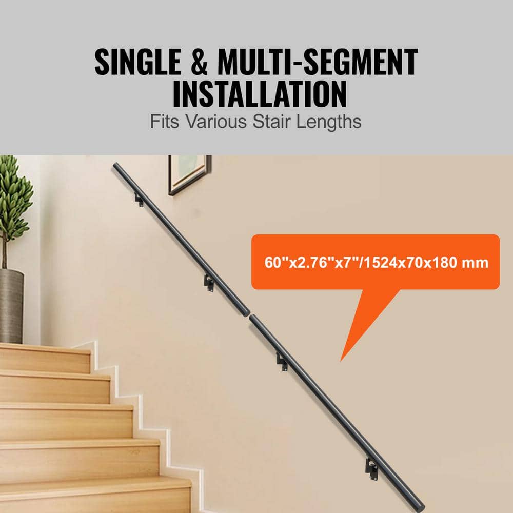 Black Aluminum Alloy Wall Mount Stair Handrail, 60" Length