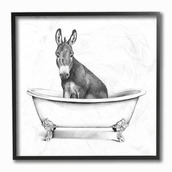 Stupell Industries "Donkey in Claw Tub Farm Animal Bathroom Sketch" by Victoria Borges Framed Animal Wall Art Print 12 in. x 12 in.