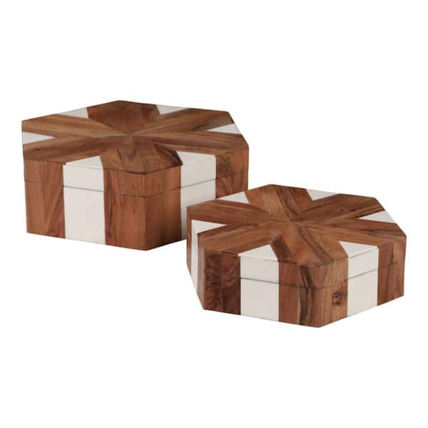 White 12 in. x 4 in. Wood and Resin Hexagon Geometric Decorative Boxes (Set -2)