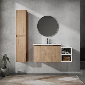 42 in. Single Sink Floating Imitative Oak Bath Vanity with White Resin Top, Open Shelf and Two Side Cabinets Unassembled