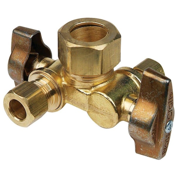 1/2 in. Nominal Inlet x 3/8 in. O.D. Comp x 1/4 in. O.D. Dual Outlet Dual Shut-Off 1/4 in. Turn Angle Ball Valve