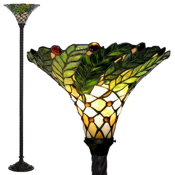 Warehouse of Tiffany 72 in. Antique Bronze Green Leaf Stained Glass Floor Lamp with Foot Switch
