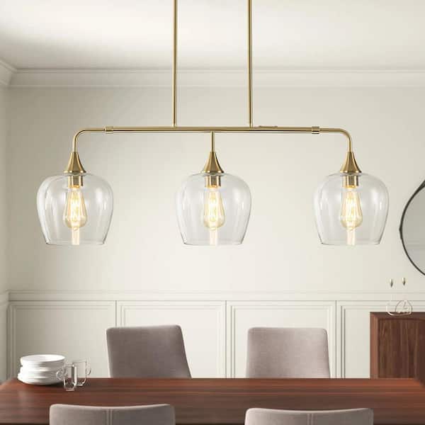 Yorklyn 3-Light Modern Gold Linear Glass Globe Island Pendant Light with Clear Glass Shade, No Bulbs Included