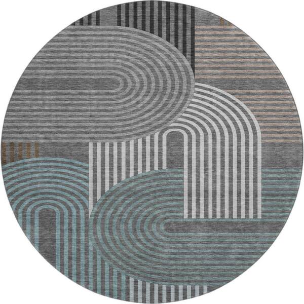Mayfield Premium Machine Washable Abstract AMF2549 Charcoal 8 ft. x 8 ft. Round Rug