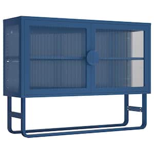 Blue Steel Sideboard Buffet Cabinet with Double Tempered Glass-Doors and Adjustable Shelf