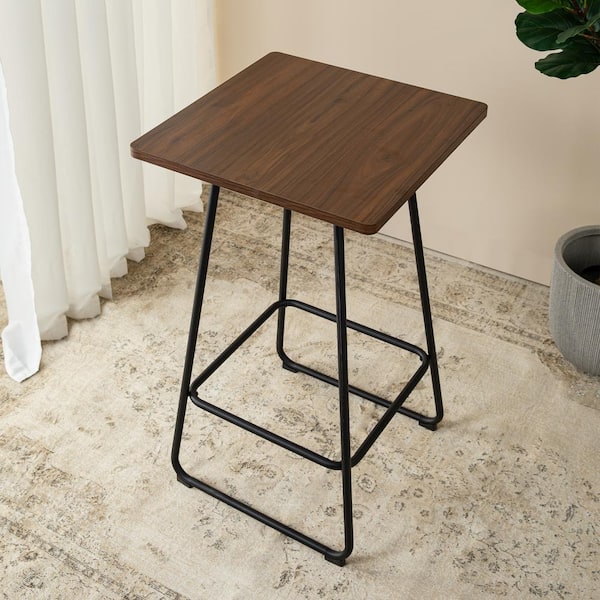 Glitzhome Black 41.75 in. H Industrial Modern Square Bar Table with Walnut Veneer Top and Steel Base