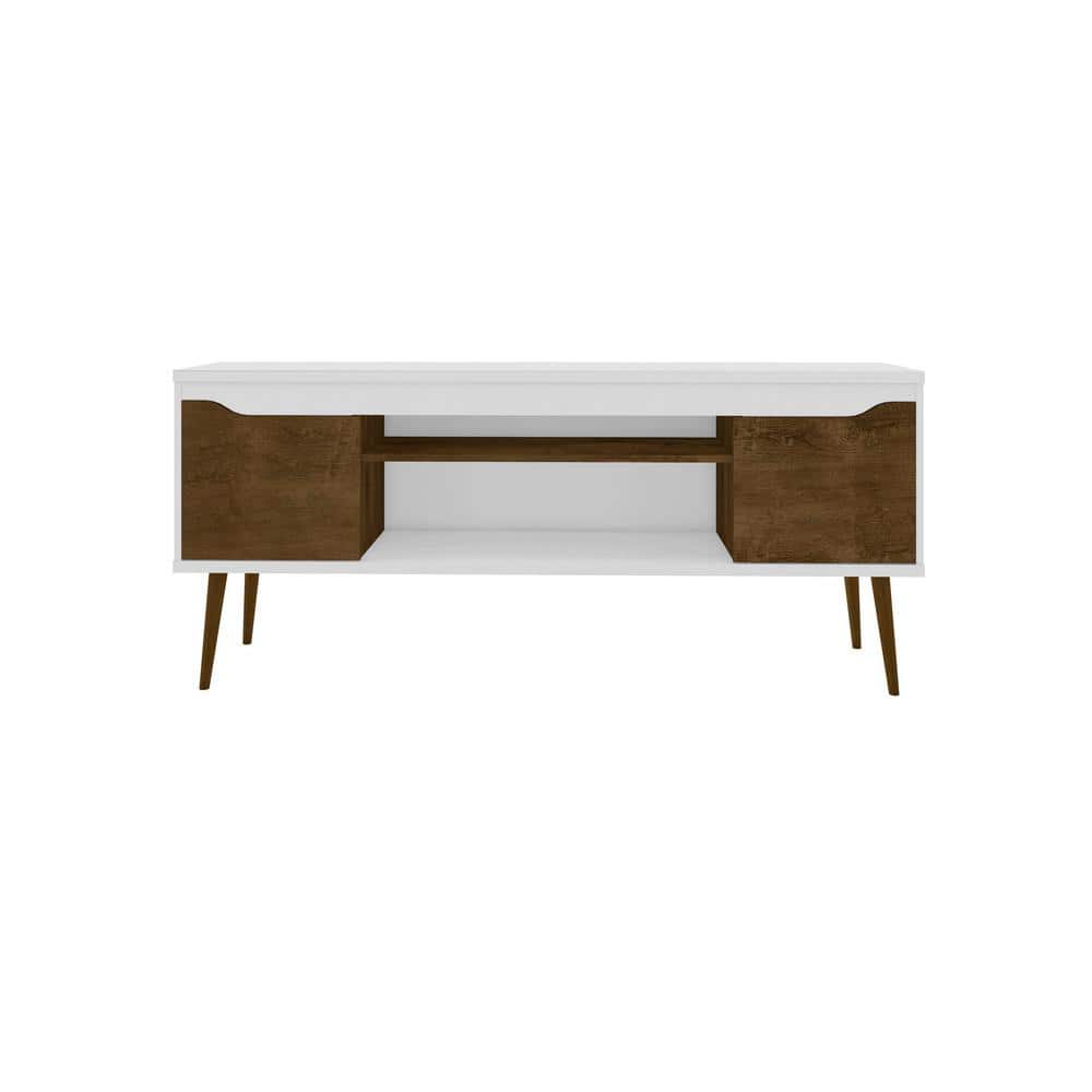 Bradley 63'' Glossy White and Rustic Brown Wood TV Stand with Cabinet