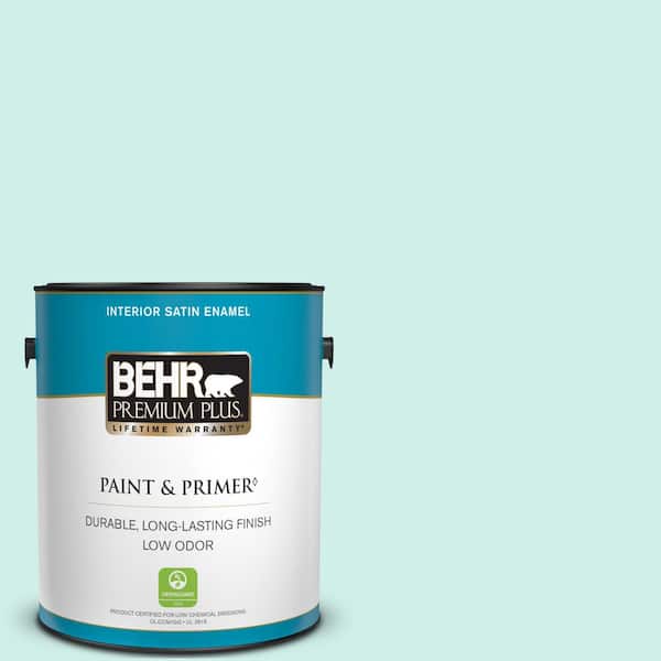 BEHR PREMIUM PLUS 1 gal. #490A-1 Teal Ice Satin Enamel Low Odor Interior Paint & Primer