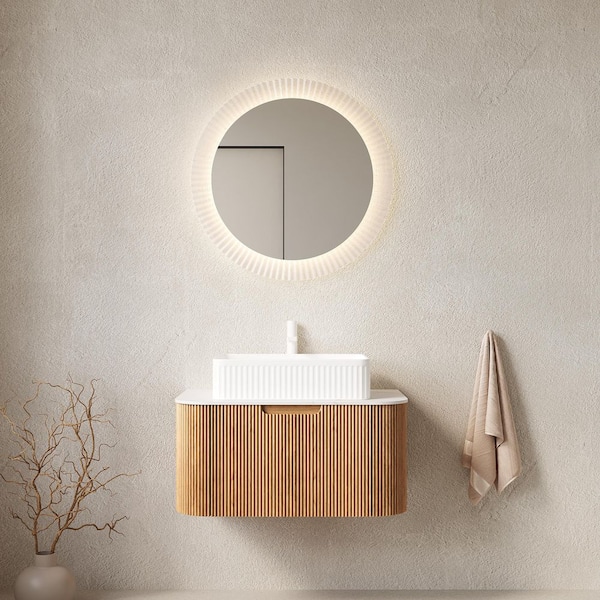 30 in. Wall-Mounted Natural Wood Bath Vanity with White Engineered Marble Top Pre-Assembled