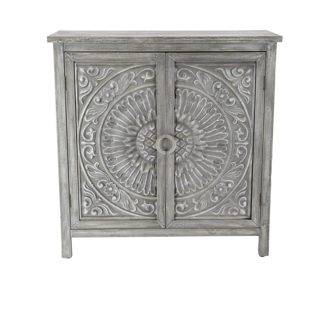 **DAMAGED**DecMode 39  x 40  Gray Wood Intricately Carved 1 Shelf and 2 Door Floral Cabinet  1-Piece