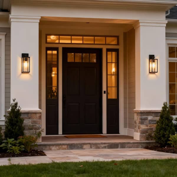 14.25 in. 1-Light Textured Black Outdoor Hardwired Wall Lantern Porch Sconce with Clear Glass, No Bulbs Included(2-Pack)