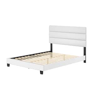 Piedmont Upholstered Faux Leather Tri Panel Channel Headboard Platform Bed Frame, Full, White