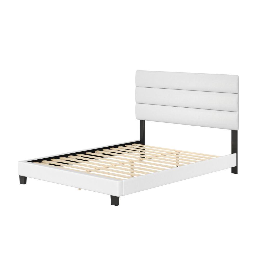 Twin White Faux Leather Upholstered Platform Bed with Tri-Panel Headboard