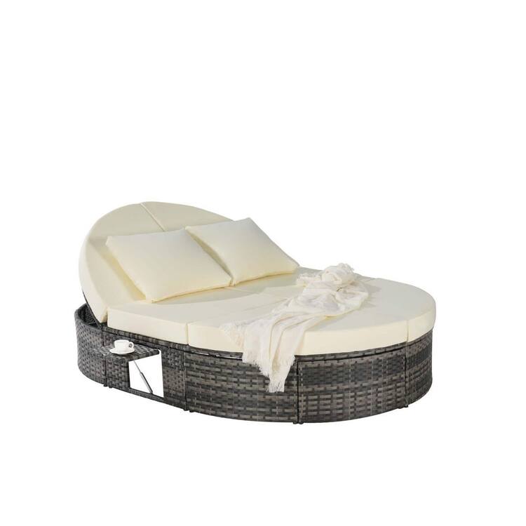 Zeus & Ruta Gray Wicker Outdoor Day Bed with Adjustable Backrests and Foldable Cup Trays Beige Cushions