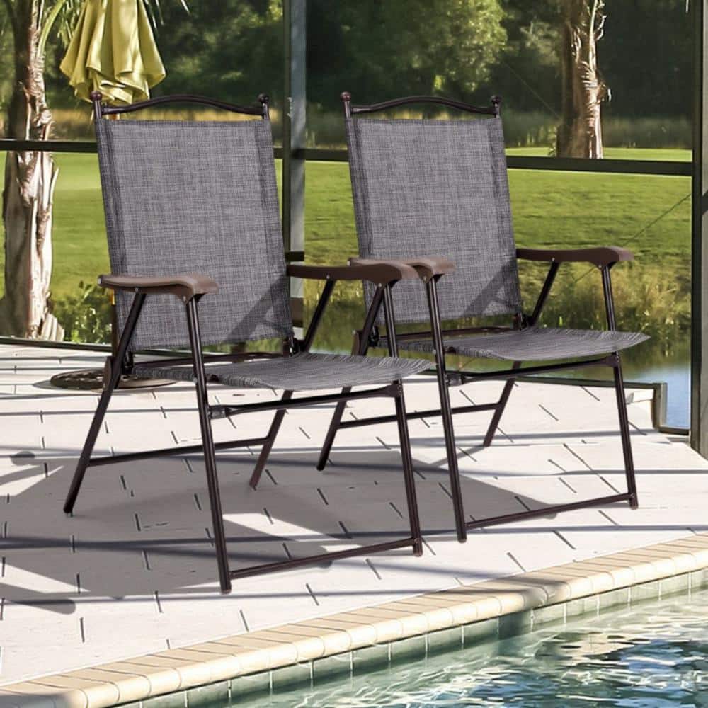 Gray Steel Frame Folding Camping Chairs with Arms, Set of 2