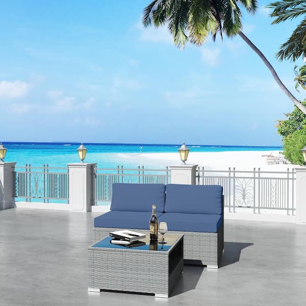 JOYSIDE 3-Piece Wicker Outdoor Patio Furniture Sectional Conversation Set with Blue Cushion and Side Table