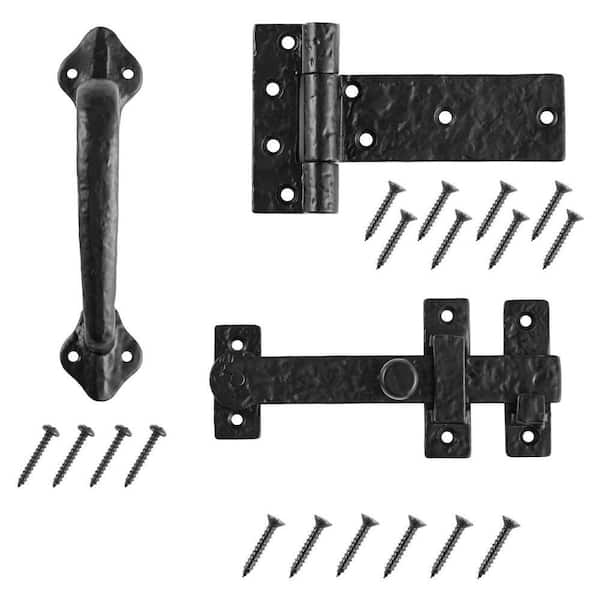 Everbilt 8 in. Matte Black Cast Iron Drop Bar Latch Gate Set with 6 in. Tee Hinge and 8 in. Gate Pull
