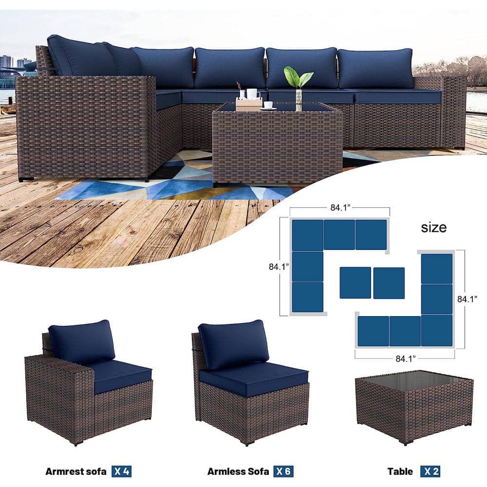 Navy Blue 12-Piece Steel and Rattan Outdoor Sectional Set