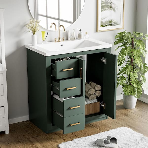30 in. Freestanding Single Sink Green Bath Vanity with White Ceramic Top