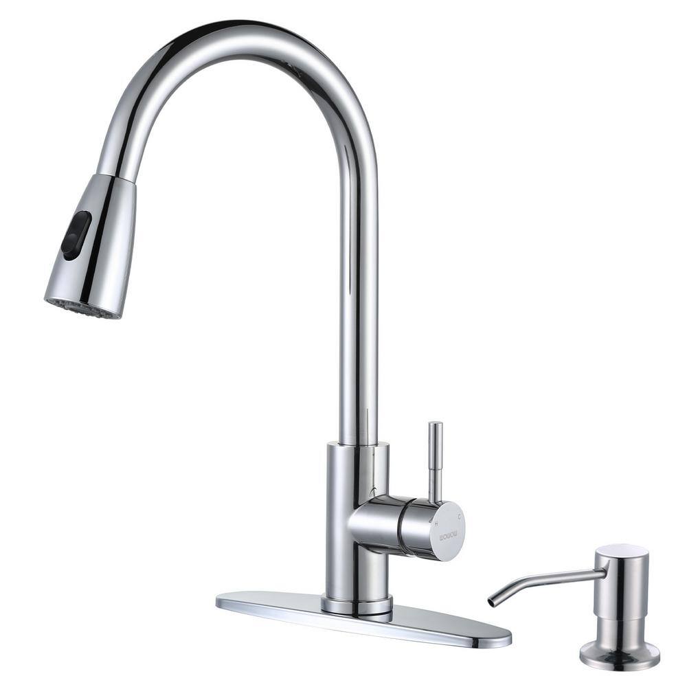 Wowow Single Handle Pull Down Sprayer Kitchen Faucet With Deckplate And Soap Dispenser In 5051