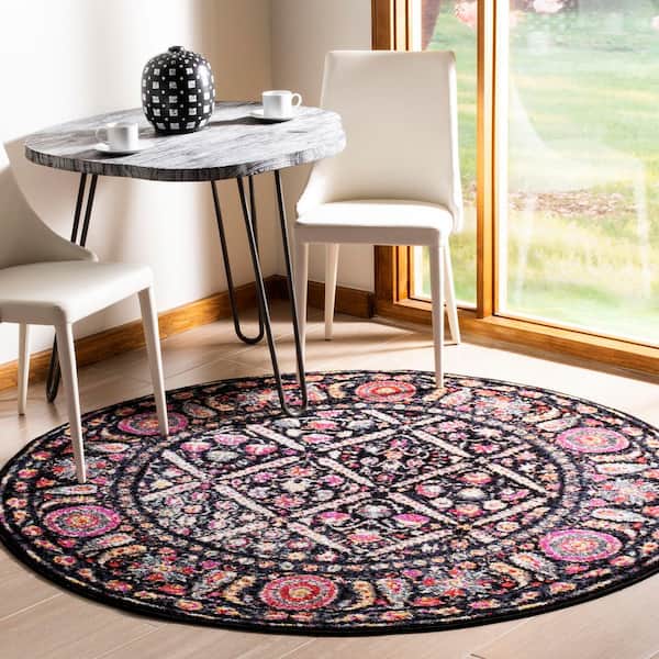 Adirondack 6 ft. x 6 ft. Round Black/Fuchsia Maximalist Bohemian Floral Lattice Area Rug