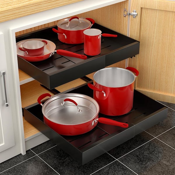 Pull-Out Sliding Storage Rack (Set of 2) Black Standing Pot Rack, No-Drill Adjustable Shelf with Metal, Non-Slip Drawers