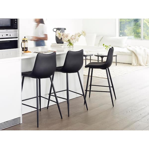 Florian Black Vegan Leather Bar Stool with Metal Frame (Set of 2)
