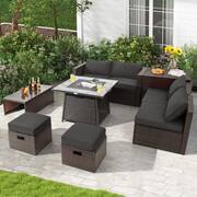 35 in. 9-Piece Wicker Patio Fire Pit Set Space-Saving Sectional Sofa Set with Storage Box and Gray Cushions