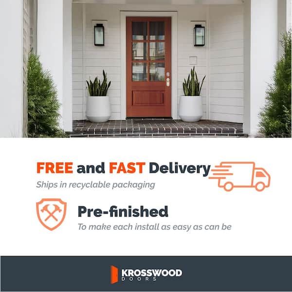 36in. x 80in. Farmhouse Right-Hand 6-Lite Clear Glass Amaretto Stain Mahogany Wood Front Door Kit w/Quick Assemble Jamb