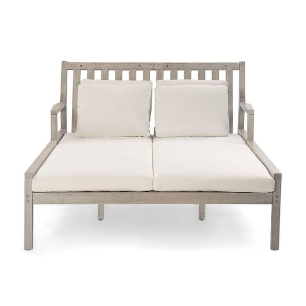 Unbranded Grey 1-Piece Teak Wood Outdoor Chaise Lounge Day Bed with Cushion Guard for Backyard, Garden, Beige Cushions