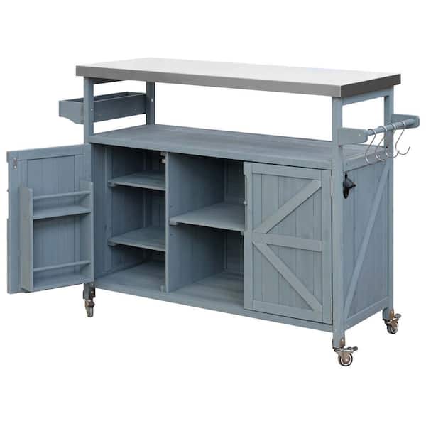 Grey Blue Solid Wood Outdoor Kitchen Island, Rolling Grill Cart Storage Cabinet, with Stainless Steel Top, Spice Rack