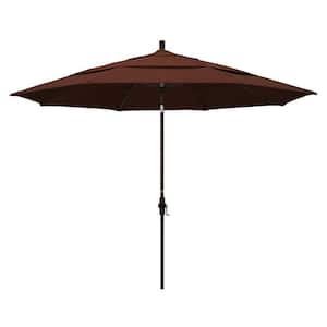 11 ft. Bronze Aluminum Market Patio Umbrella with Crank Lift in Bay Brown Sunbrella