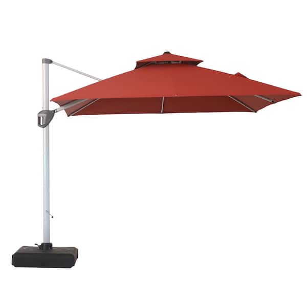 Clihome 10 ft. Outdoor Brick Red Patio Cantilever Square Umbrella with Base, Protective Cover, 360-Degree Rotating Foot Pedal