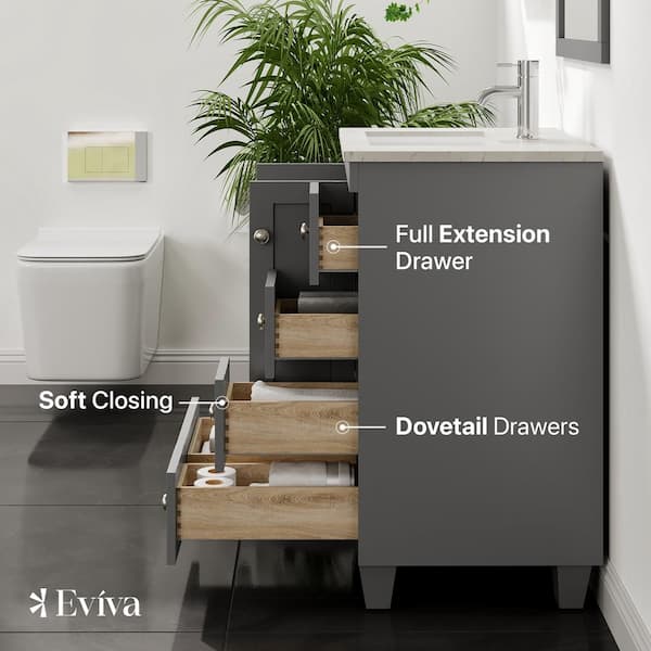 Eviva Happy 24 in. Single Sink Gray Bath Vanity with White Carrara