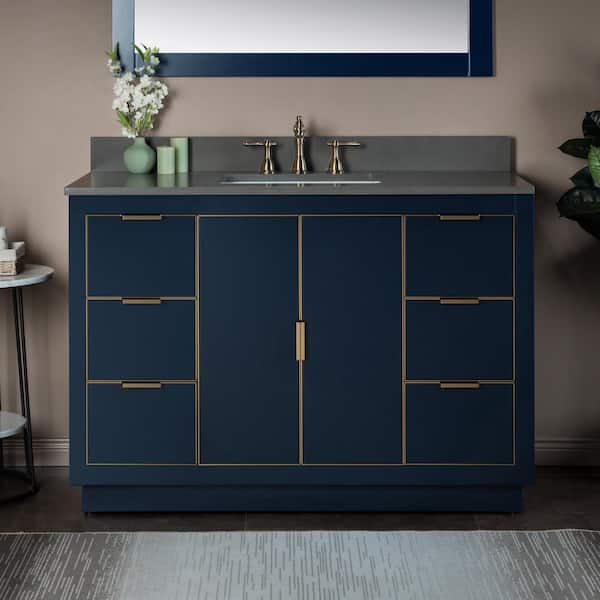 WOODBRIDGE Venice 49 in.W x 22 in.D x 38 in.H Bath Vanity in Navy Blue with Dark Gray Engineered stone Vanity Top with White Sink