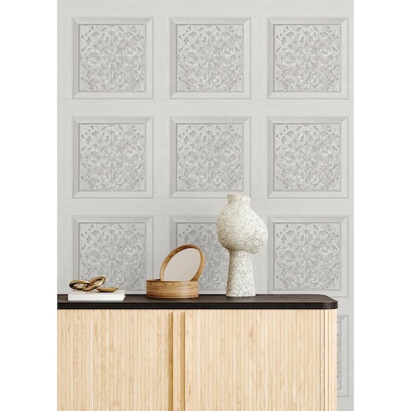 Carved Floral White Wood Peel and Stick Sample, 8 in. x 10 in. Wallpaper Sample