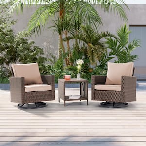 3-Piece Brown Wicker Patio Bistro Set Swivel Rocking Chairs for Outdoor Occasions of Lawn, Sand