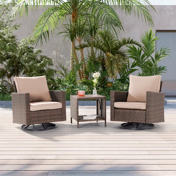 JOYESERY 3-Piece Brown Wicker Patio Bistro Set Swivel Rocking Chairs for Outdoor Occasions of Lawn, Sand