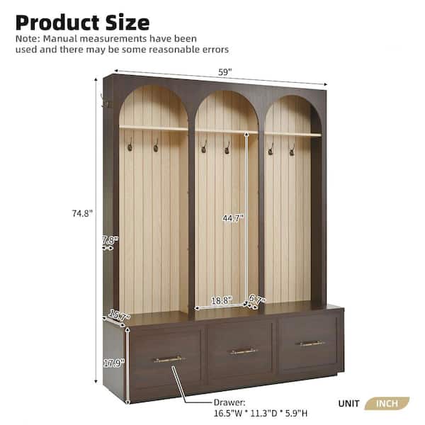 Tradrou Dark Walnut Farmhouse Hall Tree with Bench, 8 Hooks & 3