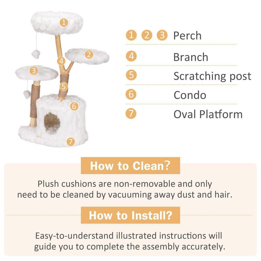 Natural Branch and White Plush 42" Cat Tree Tower with Scratching Posts