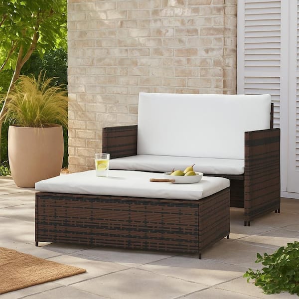 Feya Brown Steel Metal 2-Piece Outdoor Sectional Sofa and Ottoman Set with White Cushion