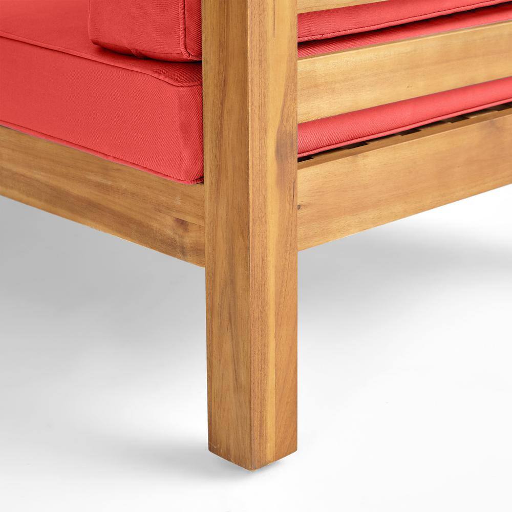Teak Brown Lounge Chair with Plush Red Cushions