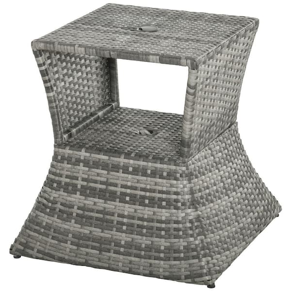 Sudzendf Mixed Grey Rattan Wicker Side Table with Umbrella Hole, 2 Tier Storage Shelf for All Weather for Outdoor, Patio, Garden