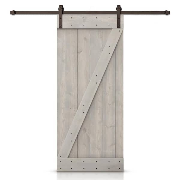 CALHOME 32 in. x 84 in. Z Silver Gray Stained DIY Knotty Pine Wood Interior Sliding Barn Door with Hardware Kit