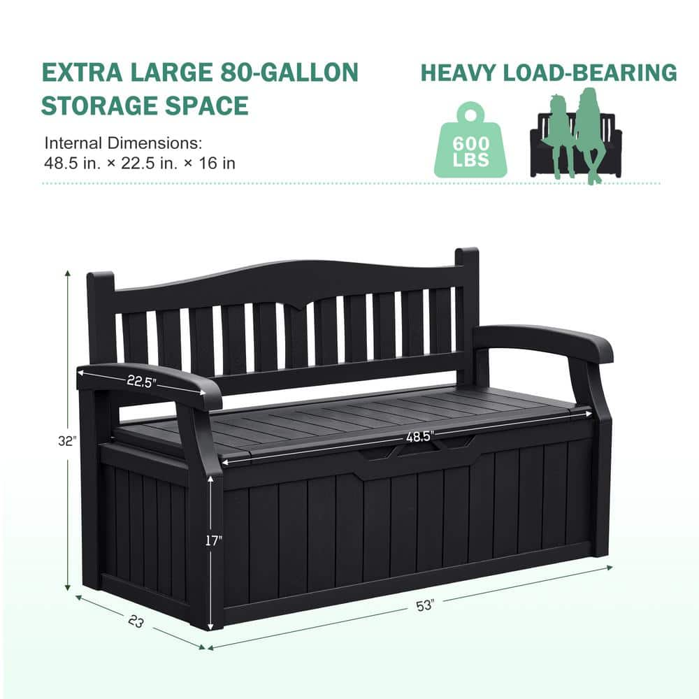 Black 80 Gallon Resin Outdoor Storage Bench with Armrests