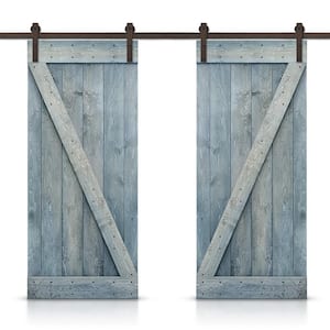 Z 44 in. x 84 in. Bar Series Denim Blue Stained DIY Solid Pine Wood Interior Double Sliding Barn Door with Hardware Kit