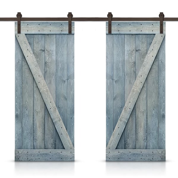 CALHOME Z 96 in. x 84 in. Bar Series Denim Blue Stained DIY Solid Pine Wood Interior Double Sliding Barn Door with Hardware Kit